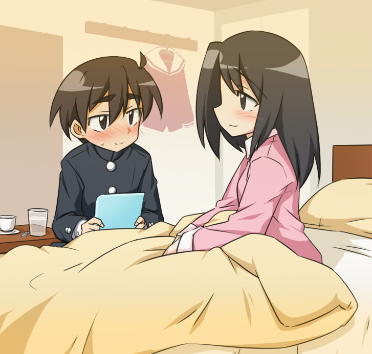 1boy, 1girl, bed, blush, couple, hetero, ikune_juugo, long_hair, original, school_uniform, short_hair, smile