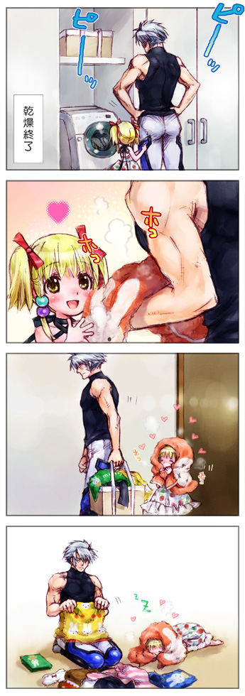 blonde_hair, blush, child, closed_eyes, comic, hair_ribbon, irui_guneden, nakamura_kanko