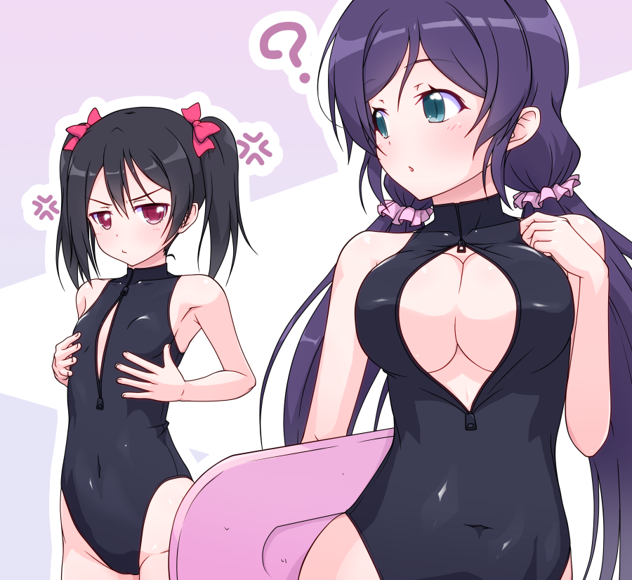 2girls, anger_vein, black_hair, breast_envy, breasts, cleavage, front_zipper_swimsuit, green_eyes