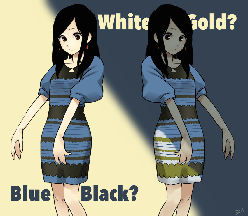 1girl, black_hair, brown_eyes, dress, dual_persona, earrings, fujie_yamato, highres