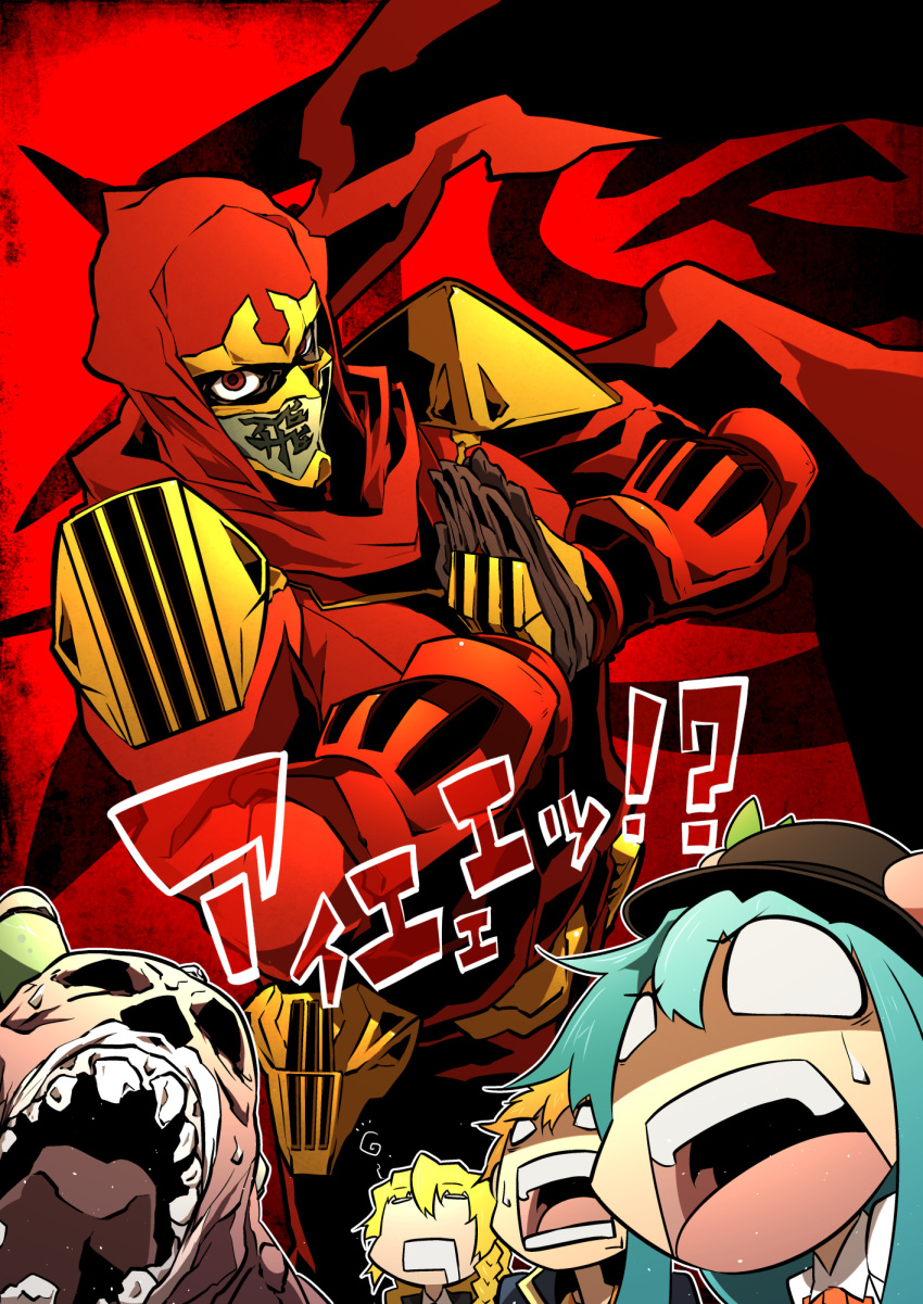 2girls, 3boys, blonde_hair, blue_hair, brown_hair, character_request, closed_eyes, crossover