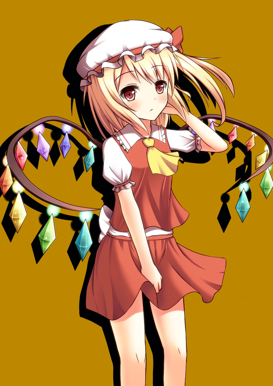 1girl, ascot, blonde_hair, brown_background, flandre_scarlet, gudou_(gdo_514), hand_in_hair, hat