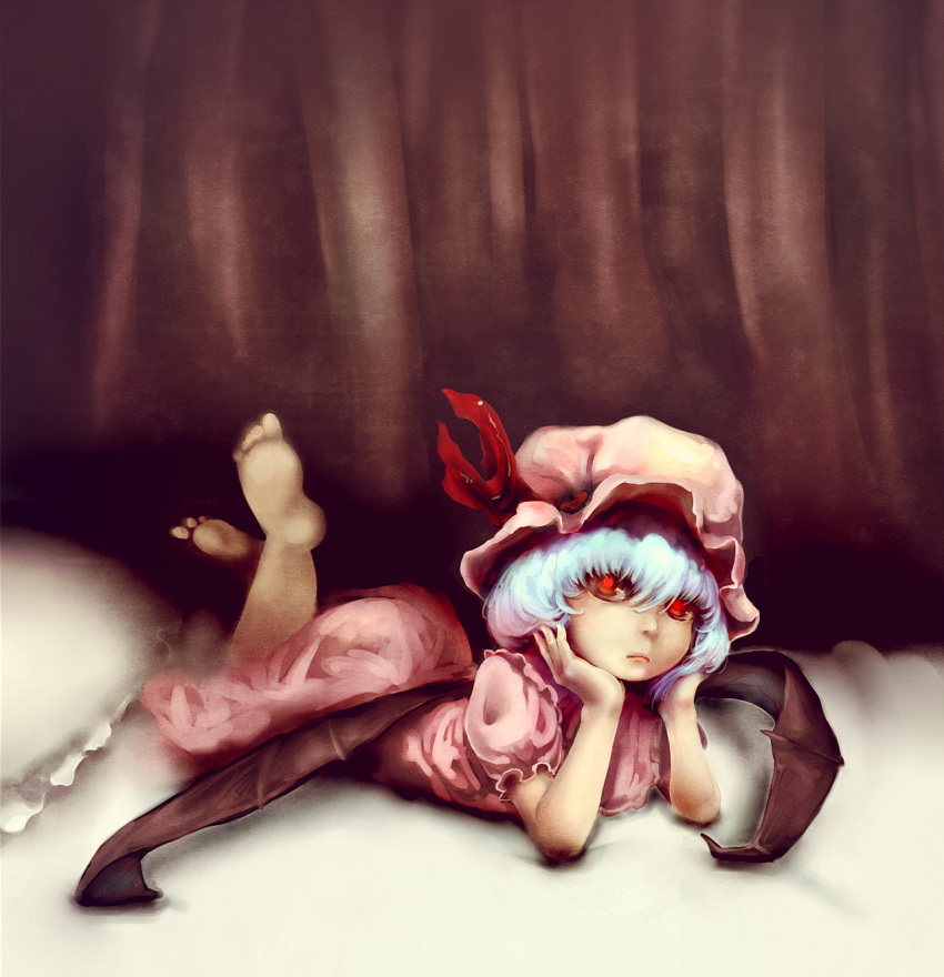 1girl, arm_support, barefoot, bat_wings, blue_hair, curtains, dress, frown