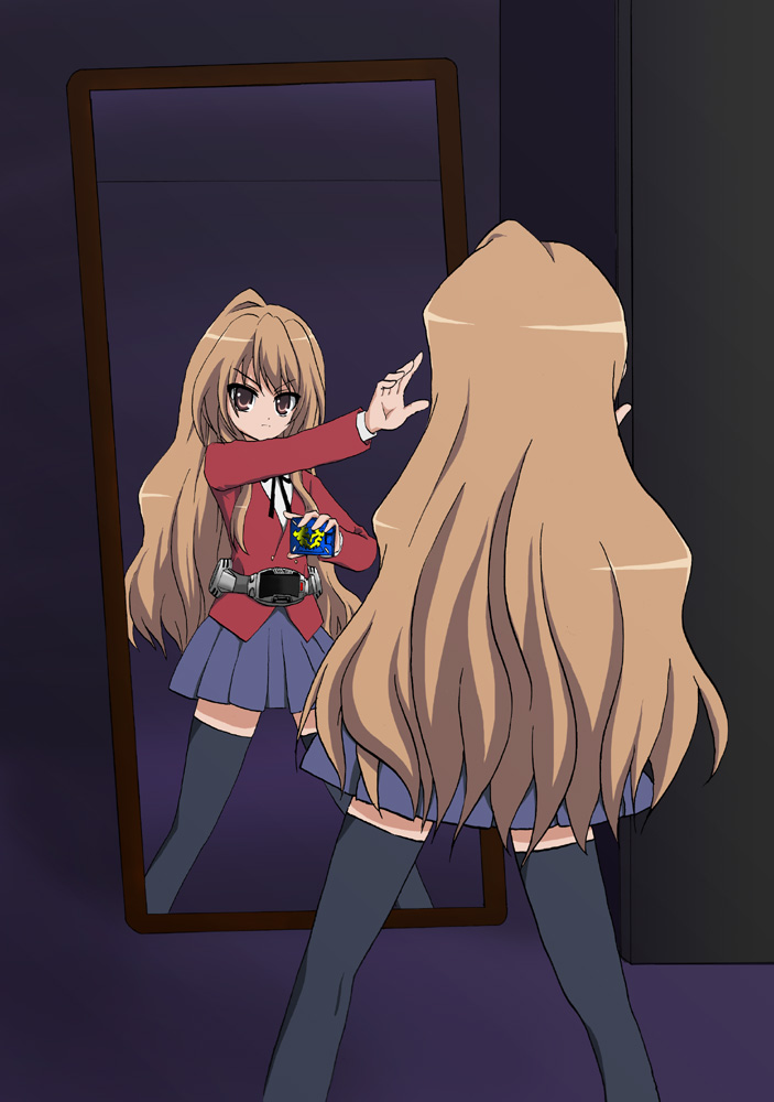 1girl, aisaka_taiga, belt, brown_hair, crossover, female, henshin, henshin_pose