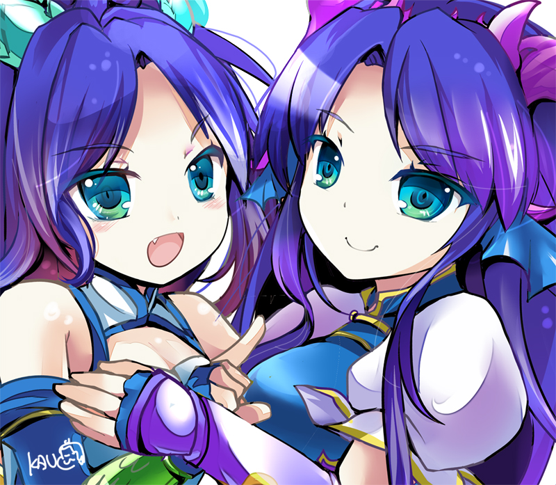 2girls, :d, bare_shoulders, blue_dress, blue_eyes, blue_gloves, blush, breasts