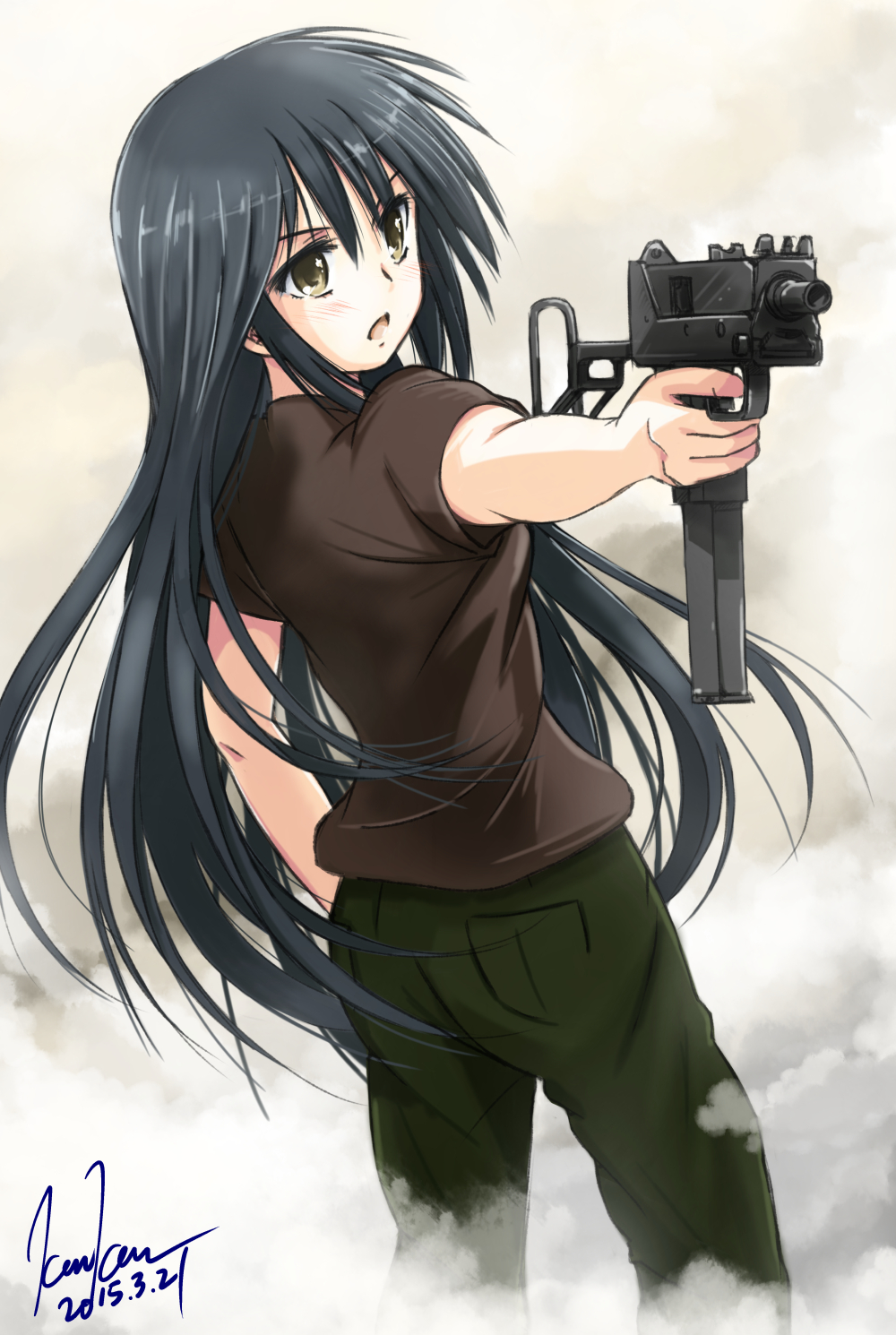 1girl, black_hair, brown_eyes, gun, highres, kem_kem, long_hair, mac-11