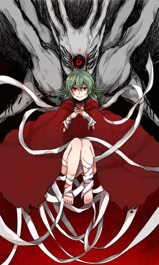 1girl, bandages, eto_(tokyo_ghoul), green_eyes, green_hair, heterochromia, interlocked_fingers, kagune_(tokyo_ghoul), knees_together_feet_apart, red_eyes, short_hair, smile, solo, spoilers, tokyo_ghoul, umesiso_sasami