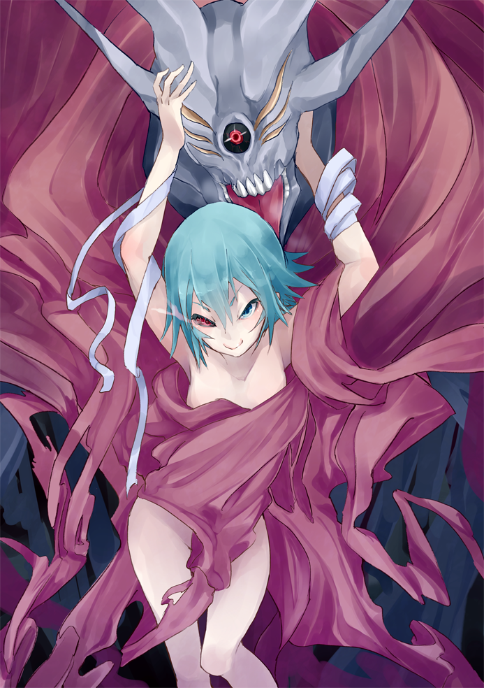 1girl, black_hair, blue_eyes, eto_(tokyo_ghoul), fu-ta, green_hair, heterochromia, kagune_(tokyo_ghoul)