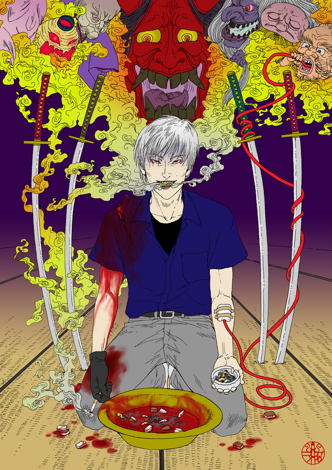 akagi_shigeru, ashtray, asiulus, blood, cigarette, fine_art_parody, gozu-mezu, injury