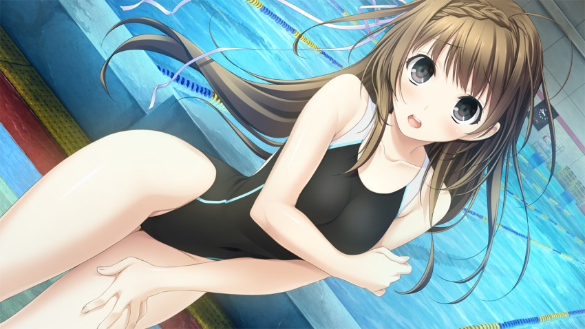 1girl, blush, braid, breast_hold, brown_hair, collarbone, competition_swimsuit, covering
