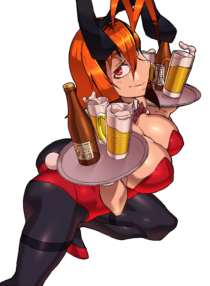 1girl, alcohol, animal_ears, antenna_hair, ass, beer, breasts, cleavage