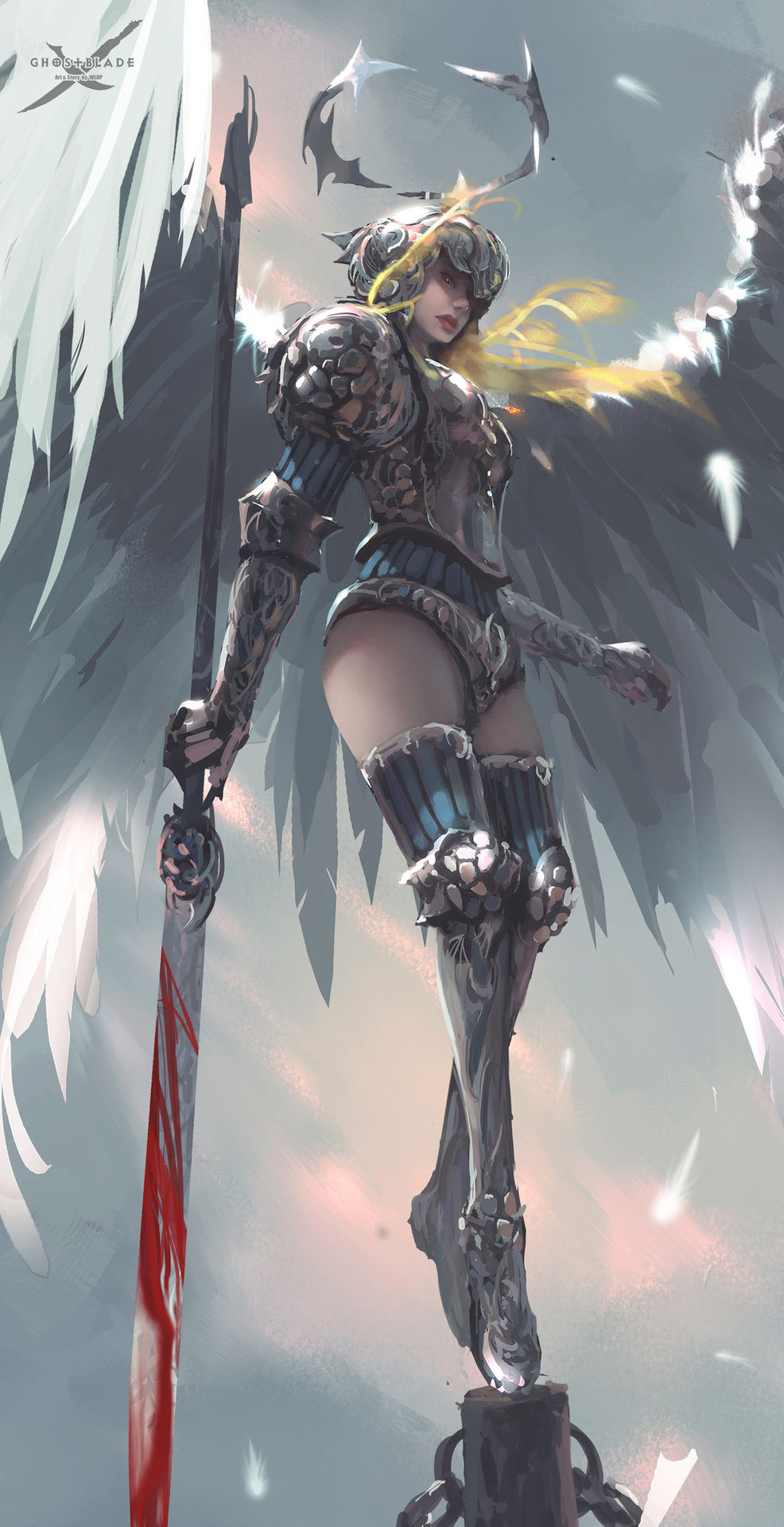 1girl, angel, blonde_hair, blood, bloody_weapon, breastplate, feathered_wings, gauntlets