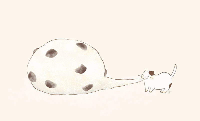 cat, closed_eyes, daifukumochi, eating, mame_daifuku_(food), no_humans, original, oversized_object