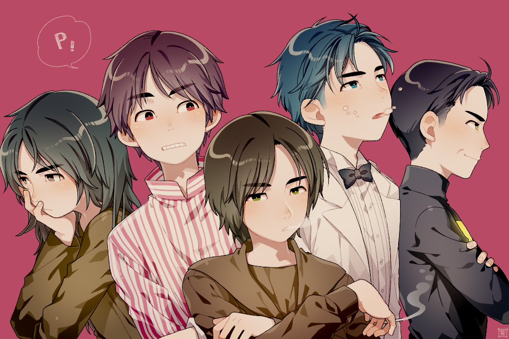 5boys, age_progression, ahoge, air_bubble, bared_teeth, between_fingers, black_hair, blue_eyes