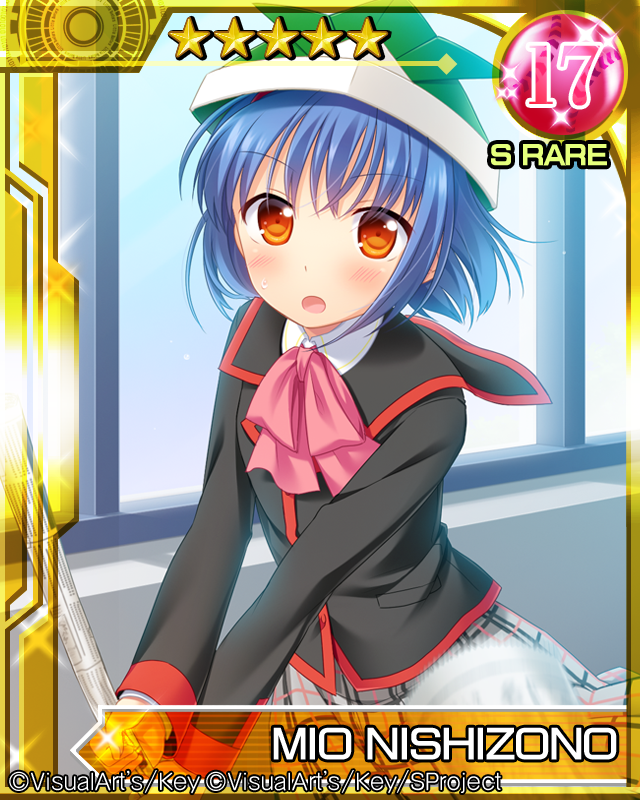1girl, blue_hair, card_(medium), hairband, little_busters!!, nishizono_mio, orange_eyes, paper_kabuto