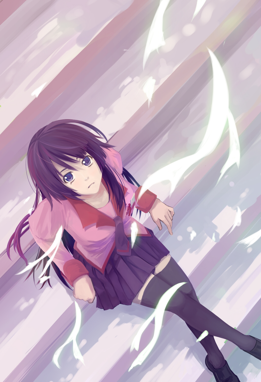 blue_eyes, highres, long_hair, monogatari_(series), necktie, purple_hair, school_uniform, senjougahara_hitagi