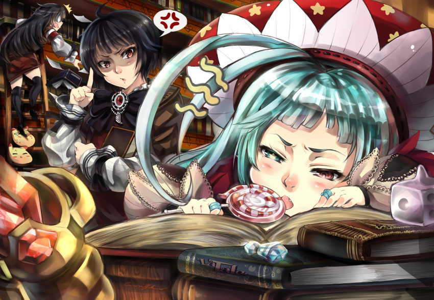 /\/\/\, 3girls, absurdres, ahoge, anger_vein, antenna_hair, artist_name, black_hair, black_legwear, blue_eyes, blush_stickers, book, candy, chestnut_mouth, copyright_name, elemental_master_(latale), fang, fel_(latale), glasses, heterochromia, highres, holding, index_finger_raised, jewelry, kitsuneudon, ladder, latale, liz_(latale), lollipop, long_hair, long_sleeves, multiple_girls, number, open_book, open_mouth, outstretched_arm, over-kneehighs, paper, pencil_skirt, priring, red_eyes, rimless_glasses, ring, shaded_face, short_hair, sideways_mouth, signature, skirt, spoken_anger_vein, star, star-shaped_pupils, stepped_on, sweat, symbol-shaped_pupils, thigh-highs, triangle_mouth, turn_pale