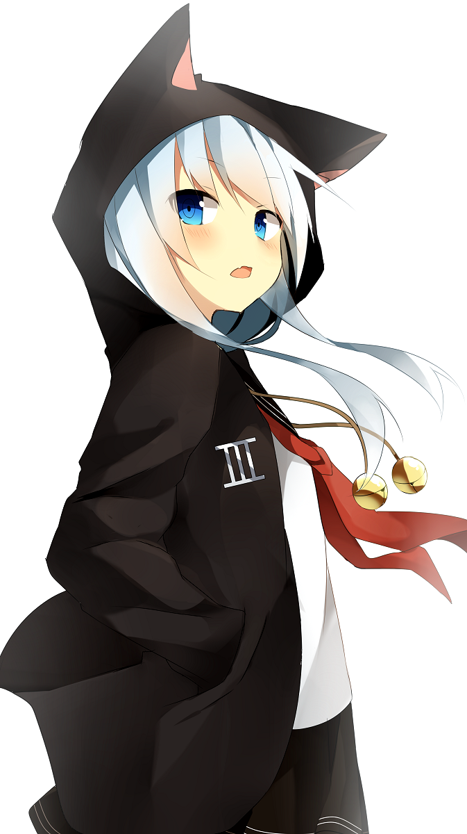 1girl, animal_hood, aqua_eyes, aqua_hair, bell, black_skirt, cat_hood, hands_in_pockets