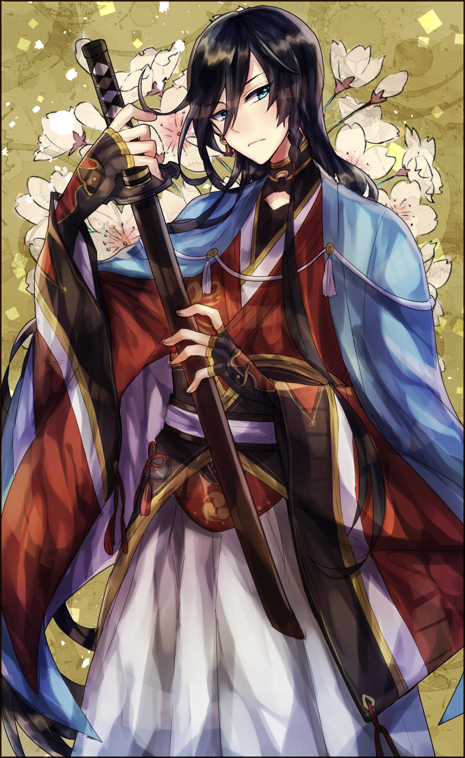 1boy, black_hair, blue_eyes, cherry_blossoms, haori, highres, izumi-no-kami_kanesada, japanese_clothes