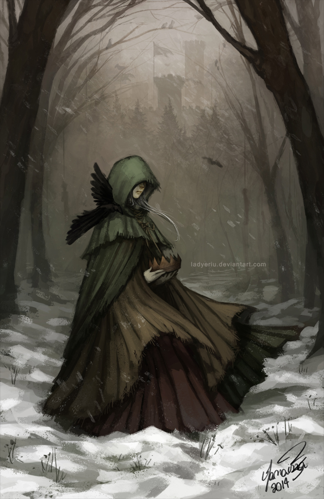 1girl, 2014, a_song_of_ice_and_fire, castle, catelyn_tully, cloak, forest, grey_hair, hanged, janaina_medeiros, lady_stoneheart, long_hair, nature, no_eyes, outdoors, signature, silhouette, snow, snowing, solo, watermark, web_address, zombie