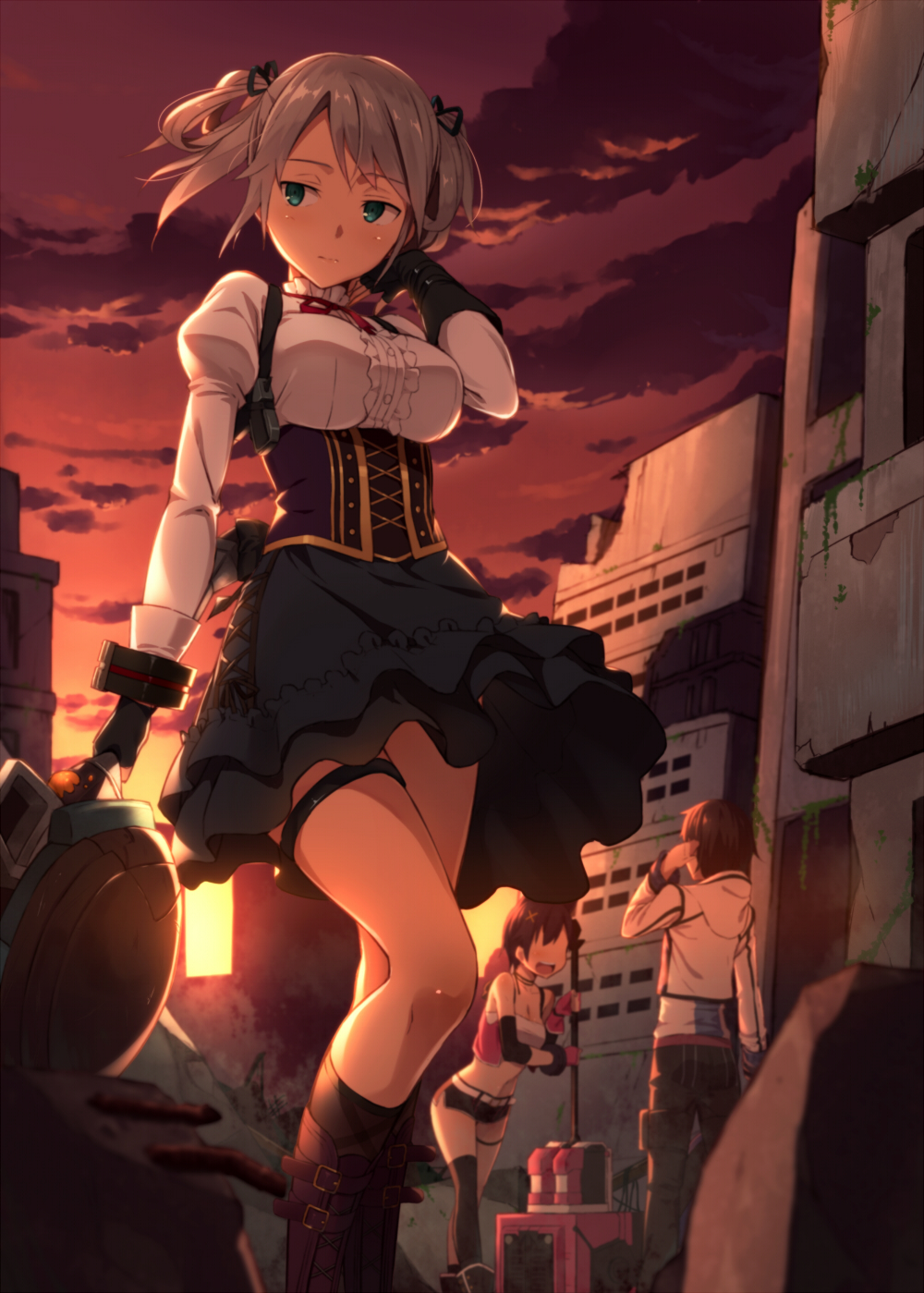 1boy, 2girls, blonde_hair, boots, character_request, ciel_alencon, clouds, fingerless_gloves