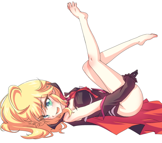 1girl, :d, bare_legs, barefoot, blonde_hair, blue_eyes, cape, doronjo