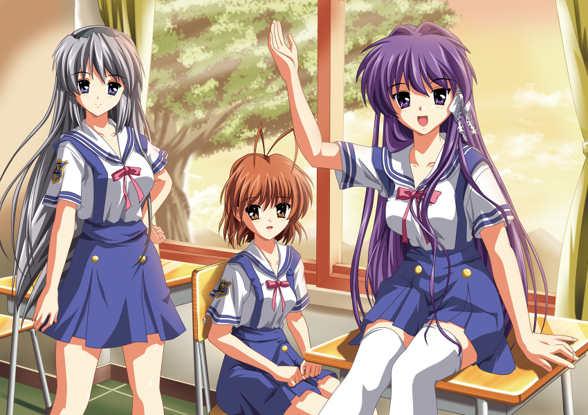 3girls, antenna_hair, blue_eyes, brown_eyes, brown_hair, clannad, fujibayashi_kyou, furukawa_nagisa, hairband, highres, long_hair, multiple_girls, purple_hair, sakagami_tomoyo, school_desk, school_uniform, short_hair, silver_hair, sitting, standing, thigh-highs, violet_eyes, window, zixia_(msl)