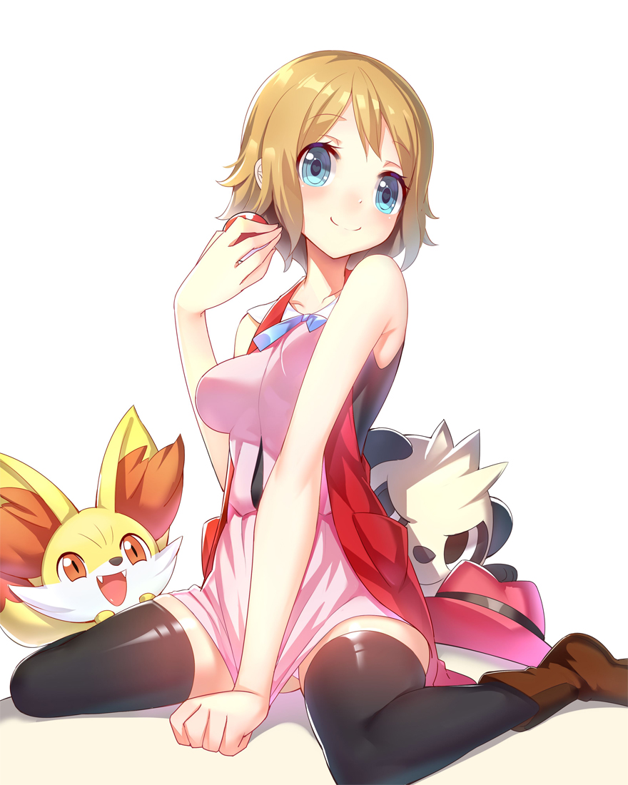 1girl, blonde_hair, blue_eyes, breasts, fennekin, pancham, pokemon, pokemon_(creature)