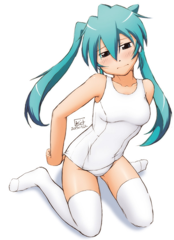 1girl, green_eyes, green_hair, hatsune_miku, kit_(studio), kneeling, long_hair, school_swimsuit, swimsuit, thigh-highs, twintails, vocaloid, white_school_swimsuit, white_swimsuit