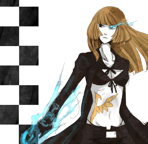 bikini, bikini_top, black_rock_shooter, brown_hair, front-tie_top, melting_scarlet, midriff, pale_skin