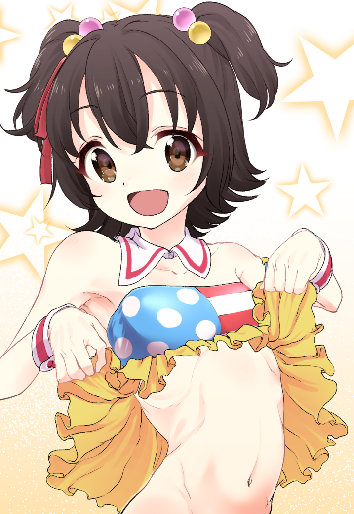 1girl, :d, akagi_miria, black_hair, blush, bottomless, brown_eyes, detached_collar