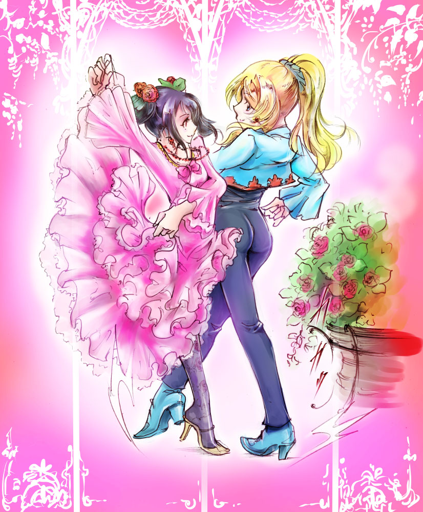 2girls, ayase_eli, black_hair, blonde_hair, blue_eyes, dancing, dress, high_heels