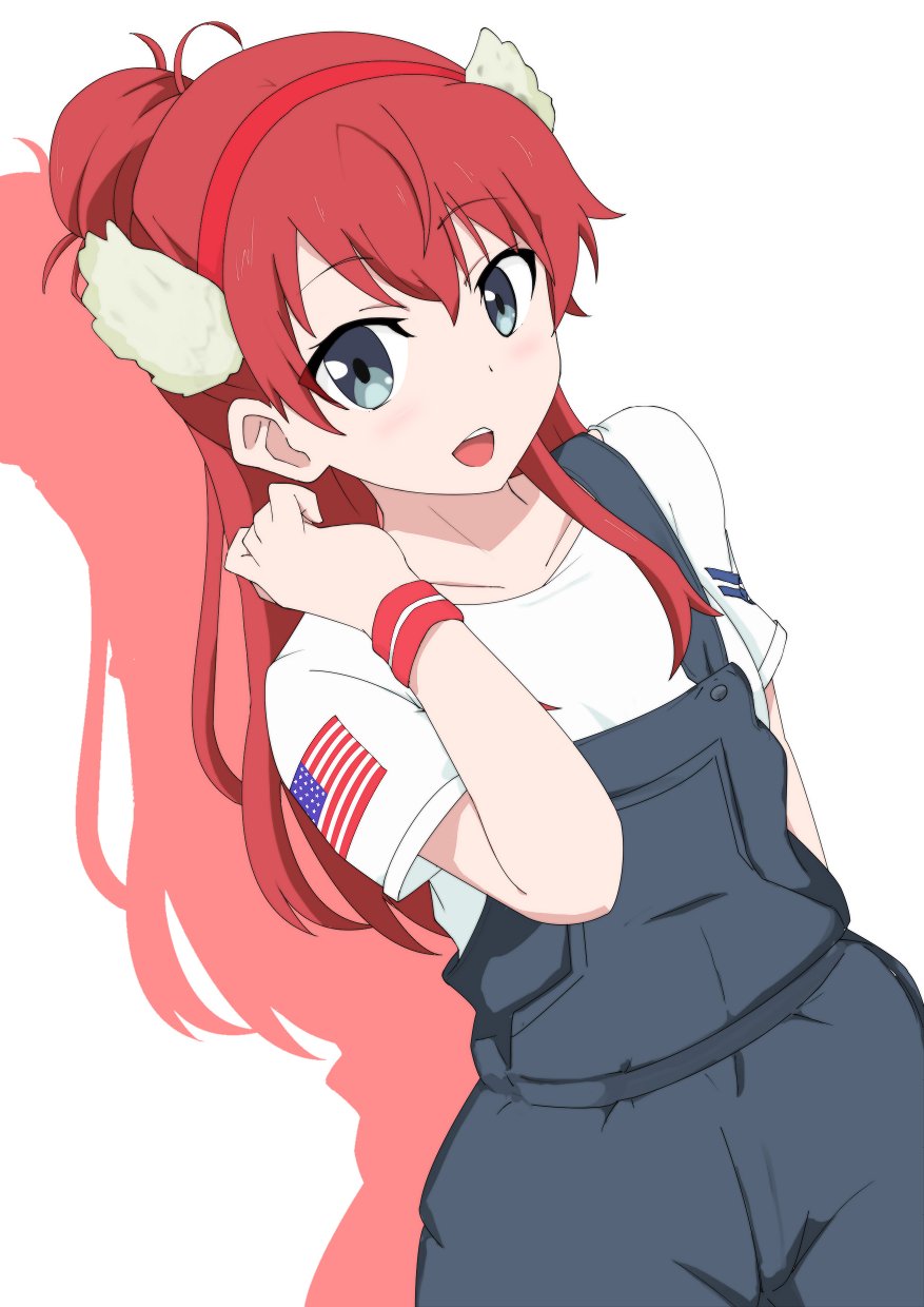 1girl, american_flag, blue_eyes, colored_shadow, cosplay, drop_shadow, hair_bun, hairband, highres, long_hair, lucy_(third_aerial_girls_squad), lucy_(third_aerial_girls_squad)(cosplay), maimai251, pants, redhead, sakaki_shizuka, shadow, shirobako, third_aerial_girls_squad, white_background, wings, wristband