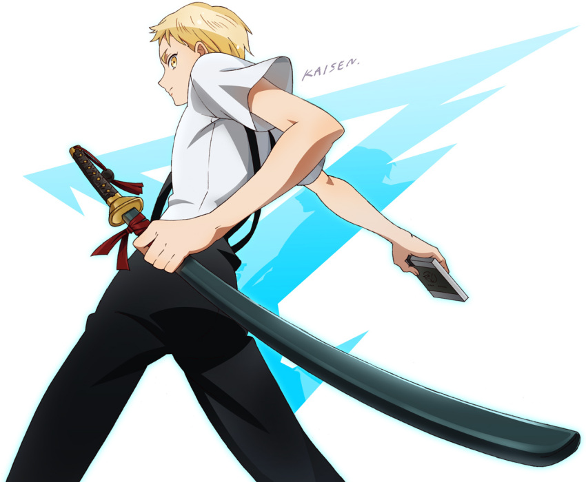 1boy, blonde_hair, cellphone, from_behind, gatchaman_crowds, kaisen, looking_back, male