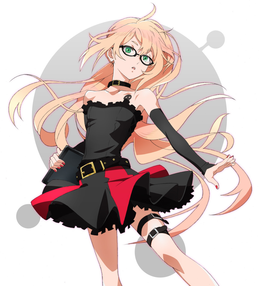 1boy, bare_shoulders, blonde_hair, crossdressinging, gatchaman_crowds, glasses, green_eyes, highres
