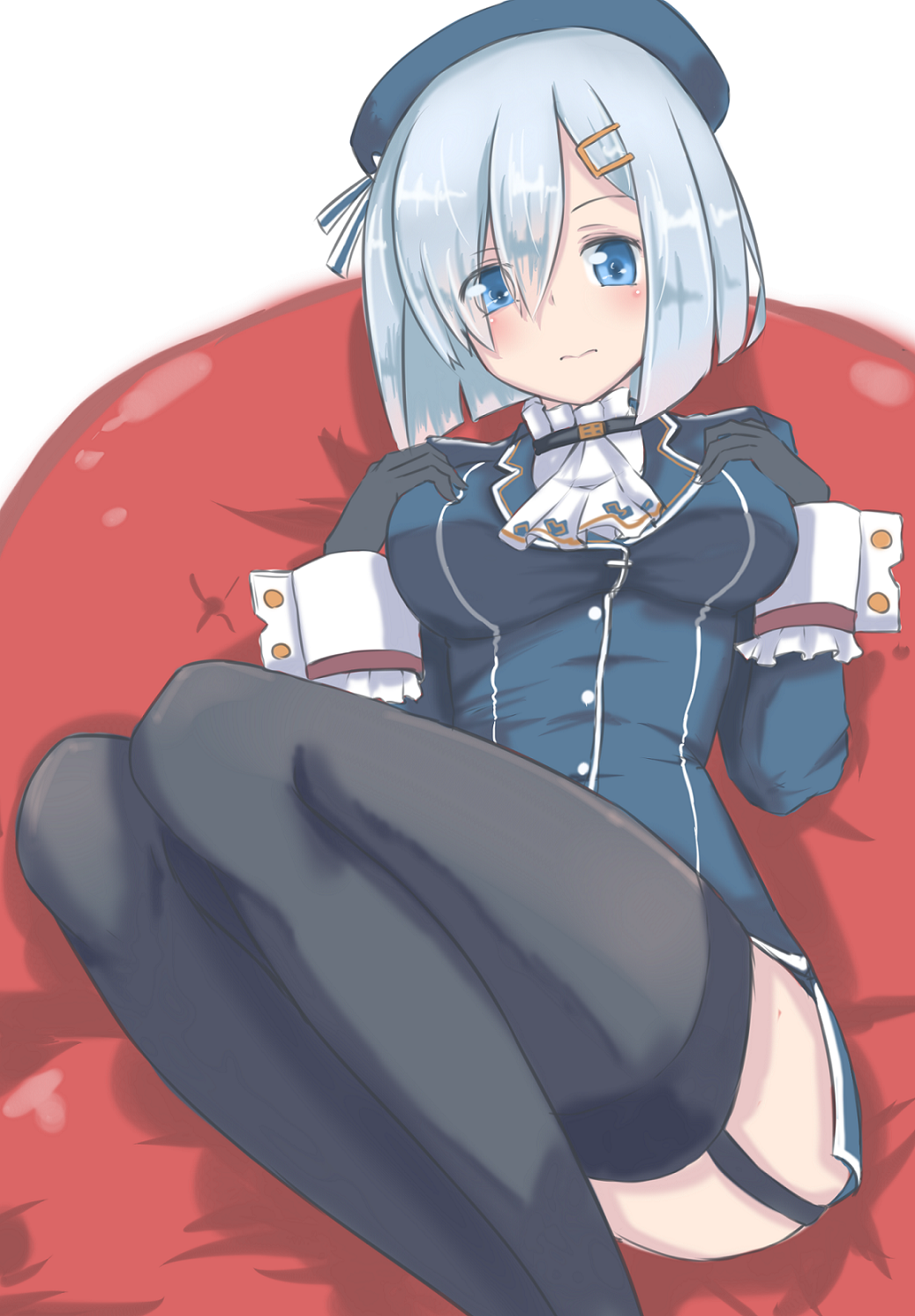 1girl, blue_eyes, breasts, cosplay, garter_straps, hair_ornament, hairclip, hamakaze_(kantai_collection)