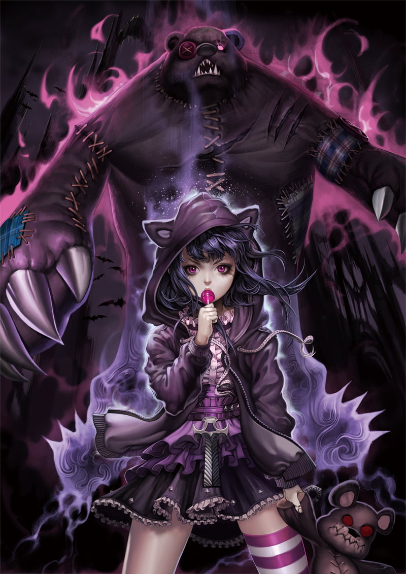 1girl, alternate_color, animal_ears, animal_hood, annie_hastur, bear, black_hair, button_eyes
