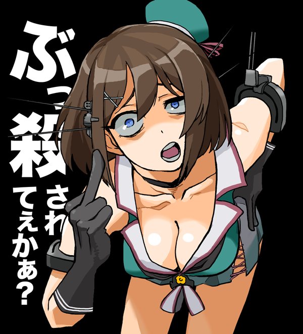 1girl, blue_eyes, breasts, brown_hair, cleavage, gloves, hair_ornament, headgear