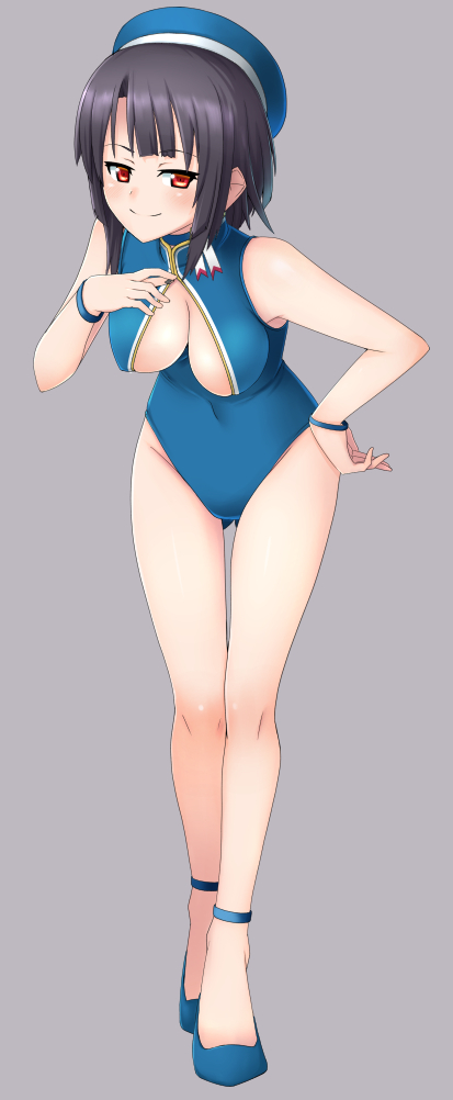 0625a, 1girl, black_hair, breasts, hand_on_hip, hat, kantai_collection, red_eyes
