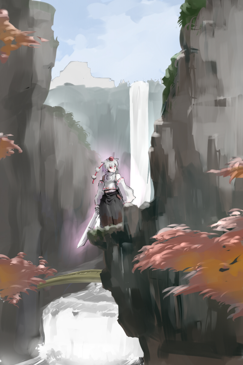 1girl, animal_ears, blue_sky, bridge, detached_sleeves, facing_viewer, hat, high_collar, highres, inubashiri_momiji, kuriyama5422, ledge, looking_away, midriff, outdoors, pom_pom_(clothes), red_eyes, rock, sky, solo, sword, tokin_hat, touhou, tree_branch, unsheathed, water, waterfall, weapon, white_hair, wolf_ears