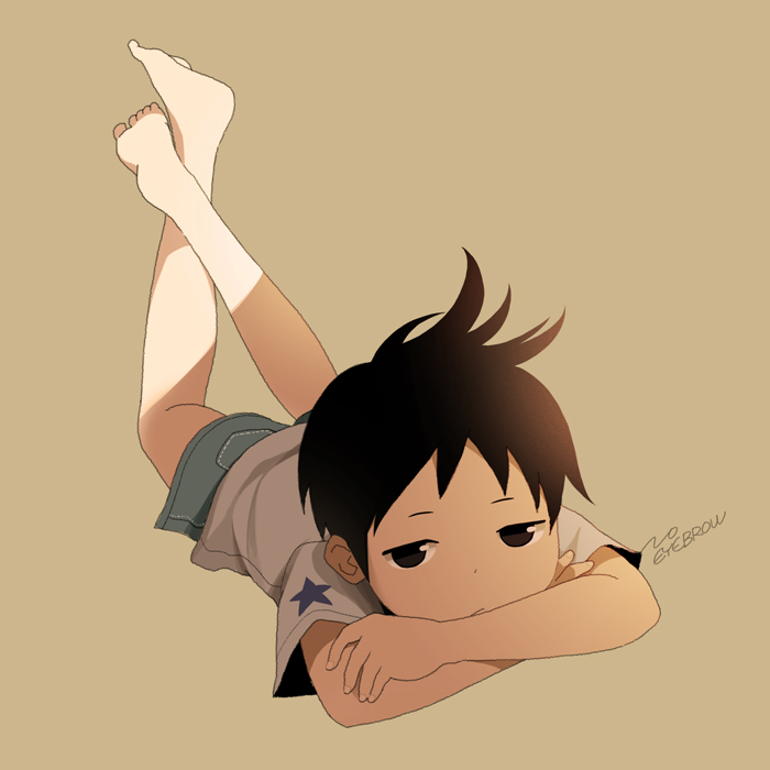 1boy, artist_name, barefoot, black_hair, brown_eyes, looking_at_viewer, lying, male_focus