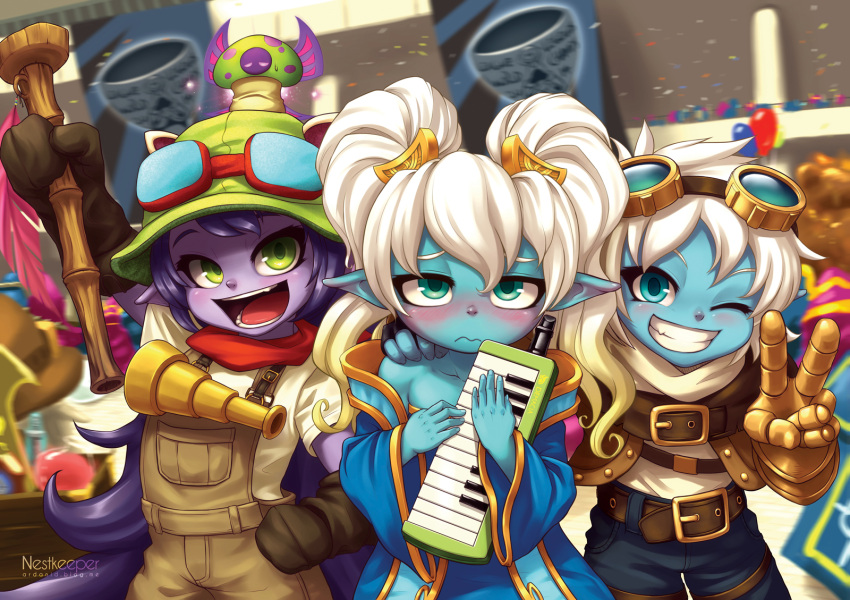 3girls, ;), animal_ears, aqua_eyes, artist_name, bare_shoulders, blonde_hair, blue_eyes, clenched_teeth, cosplay, ezreal, ezreal_(cosplay), gloves, gradient_hair, green_eyes, hat, highres, instrument, league_of_legends, long_hair, looking_at_viewer, lulu_(league_of_legends), multicolored_hair, multiple_girls, nestkeeper, one_eye_closed, poppy, purple_hair, short_hair, smile, sona_buvelle, sona_buvelle_(cosplay), teemo, teemo_(cosplay), tristana, twintails, v, very_long_hair, white_hair