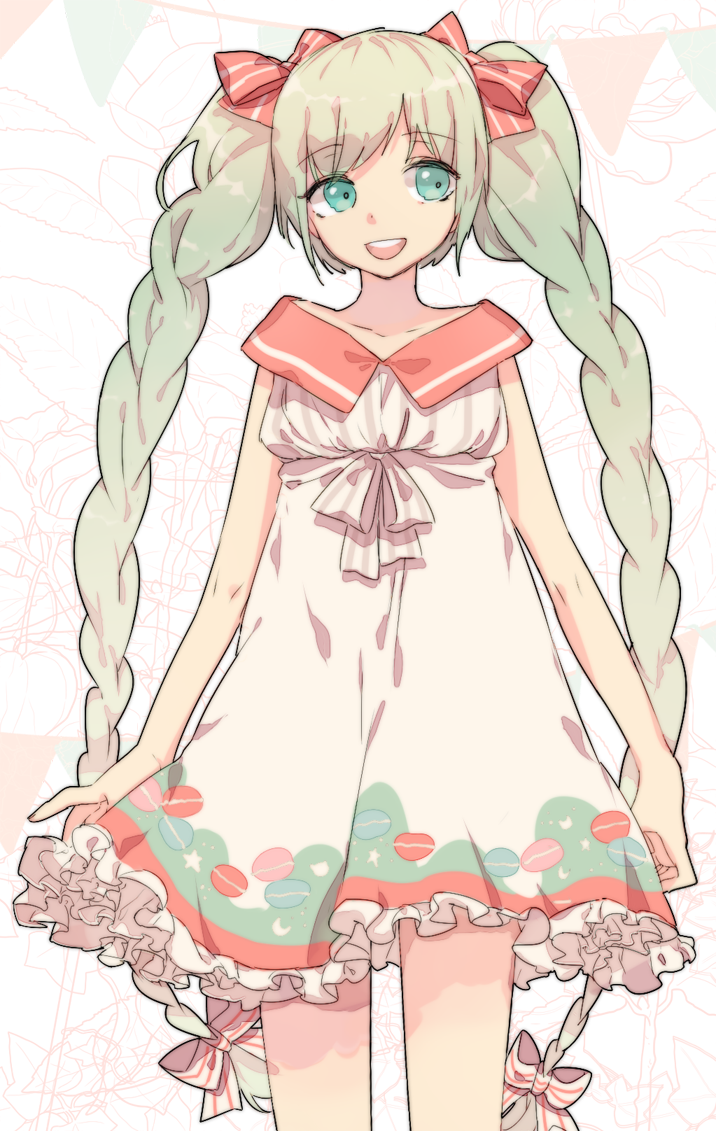 1girl, dress, green_eyes, green_hair, hatsune_miku, he_ji_(ryou), long_hair, open_mouth