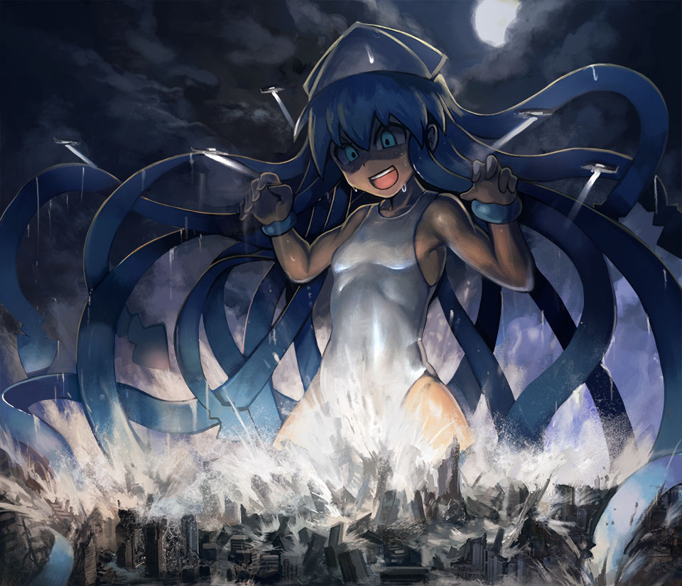 1girl, airplane, blue_eyes, blue_hair, city, clouds, cloudy_sky, destruction