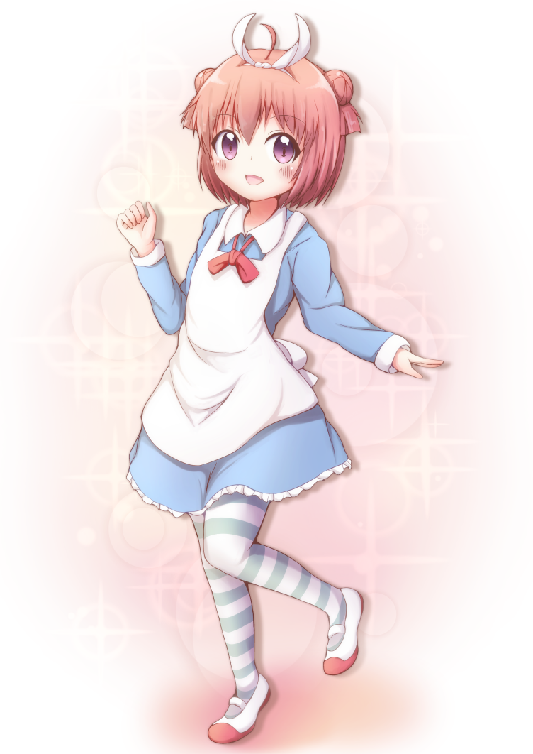 1girl, :d, ahoge, akaza_akari, apron, blue_dress, double_bun, dress, hair_bun, mary_janes, open_mouth, redhead, shoes, smile, solo, striped, striped_legwear, thigh-highs, tokunagasan, violet_eyes, yuru_yuri