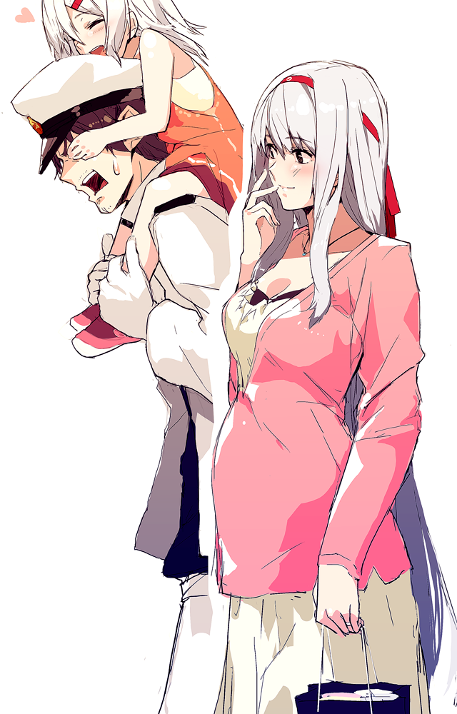 1boy, 2girls, admiral_(kantai_collection), child, closed_eyes, collarbone, gloves, hairband