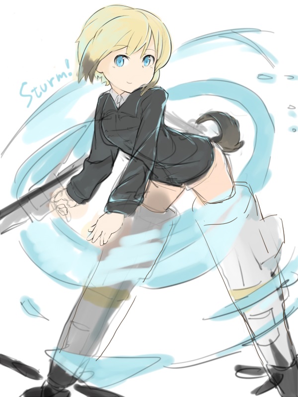 1girl, blonde_hair, blue_eyes, bob_cut, brown_hair, dog_tail, erica_hartmann, gun, long_sleeves, military, military_uniform, multicolored_hair, shiraba_(sonomama_futene), short_hair, smile, solo, strike_witches, striker_unit, tail, two-tone_hair, uniform, weapon