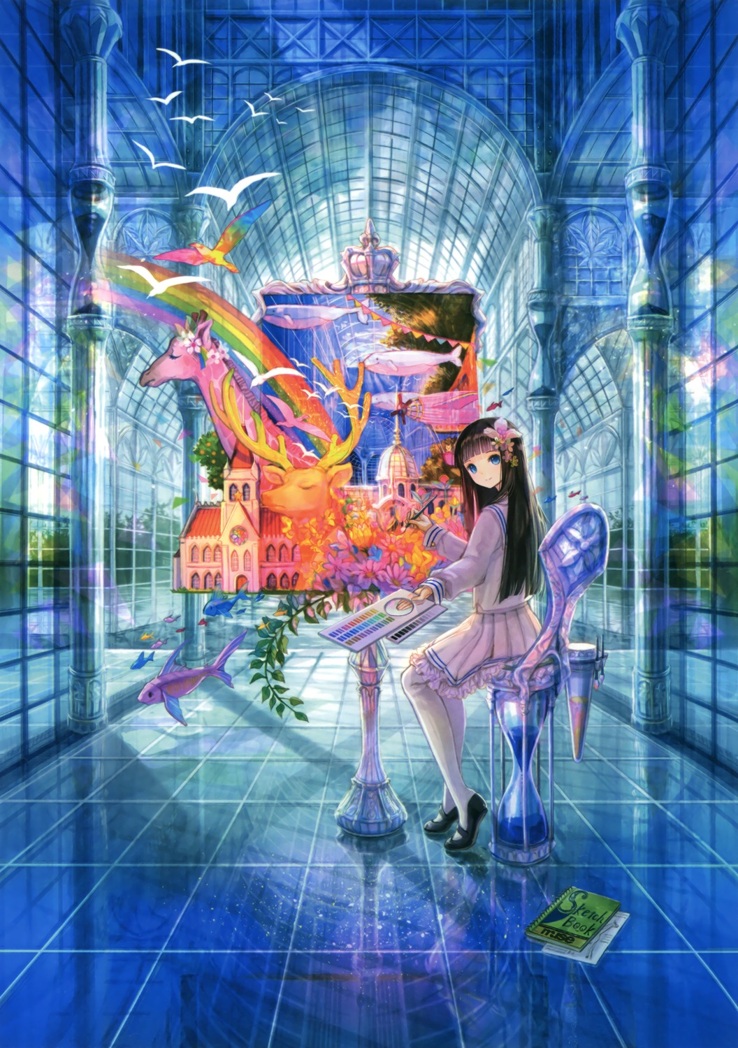 1girl, airship, antlers, bangs, bird, black_hair, black_shoes, blue_eyes
