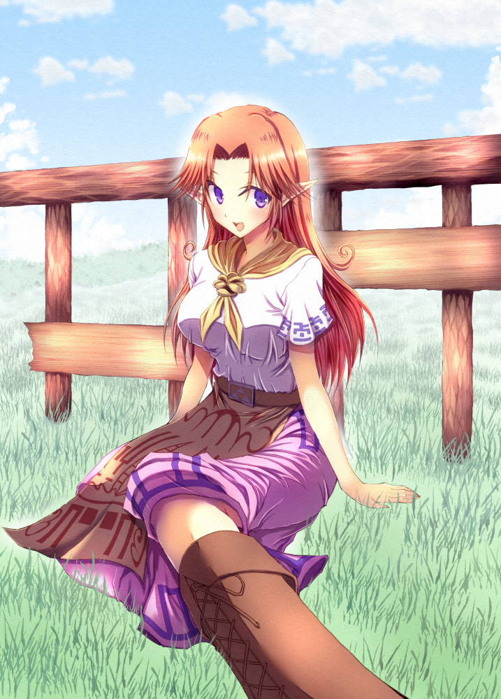 1girl, blue_sky, blush, boots, breasts, brown_hair, cremia, cross-laced_footwear