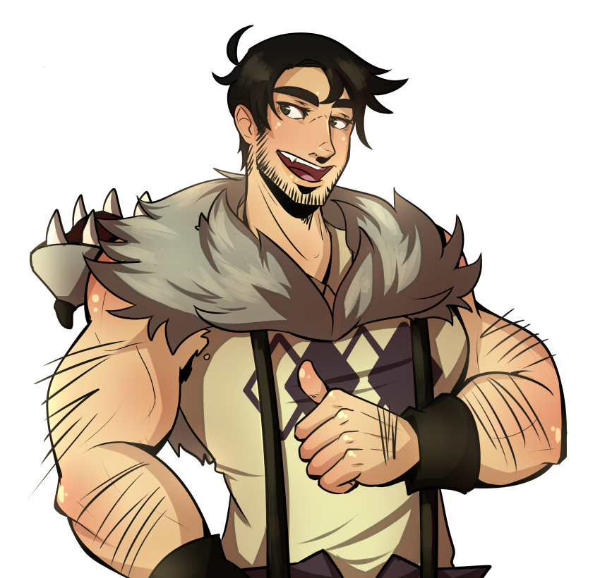 1boy, absurdres, arm_hair, beowulf_(skullgirls), black_hair, facial_hair, highres, opera_ghost, pelt, pointing, pointing_at_self, short_hair, sideburns, skullgirls, solo, stubble, suspenders, transparent_background